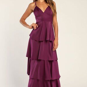 Lulus Plum Satin Tiered Maxi Dress XS – Wedding Guest / Formal Gown / Black Tie